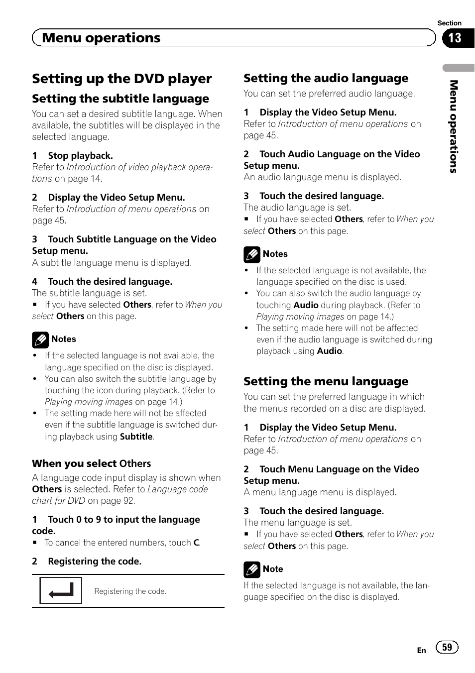 Setting up the dvd player, Menu operations, Setting the subtitle language | Setting the audio language, Setting the menu language | Pioneer AVH-P4200DVD User Manual | Page 59 / 96