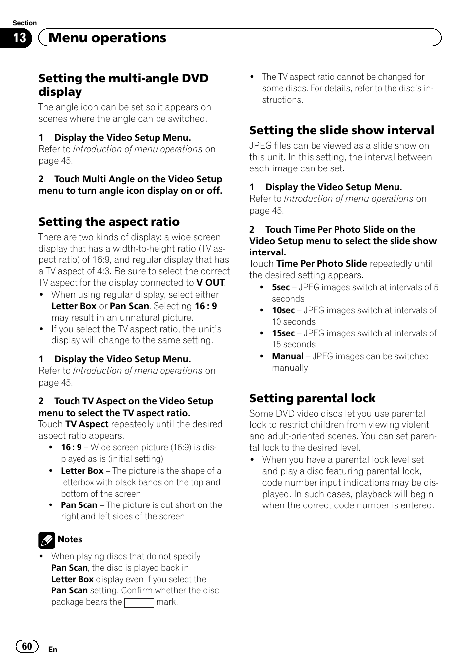 13 menu operations, Setting the multi-angle dvd display, Setting the aspect ratio | Setting the slide show interval, Setting parental lock | Pioneer AVH-P4200DVD User Manual | Page 60 / 96