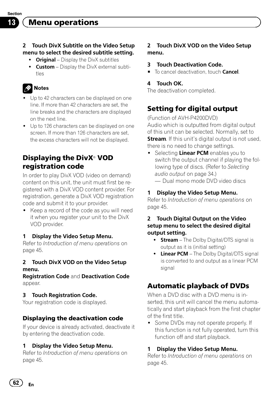 Displaying the divx, 13 menu operations, Vod registration code | Setting for digital output, Automatic playback of dvds | Pioneer AVH-P4200DVD User Manual | Page 62 / 96