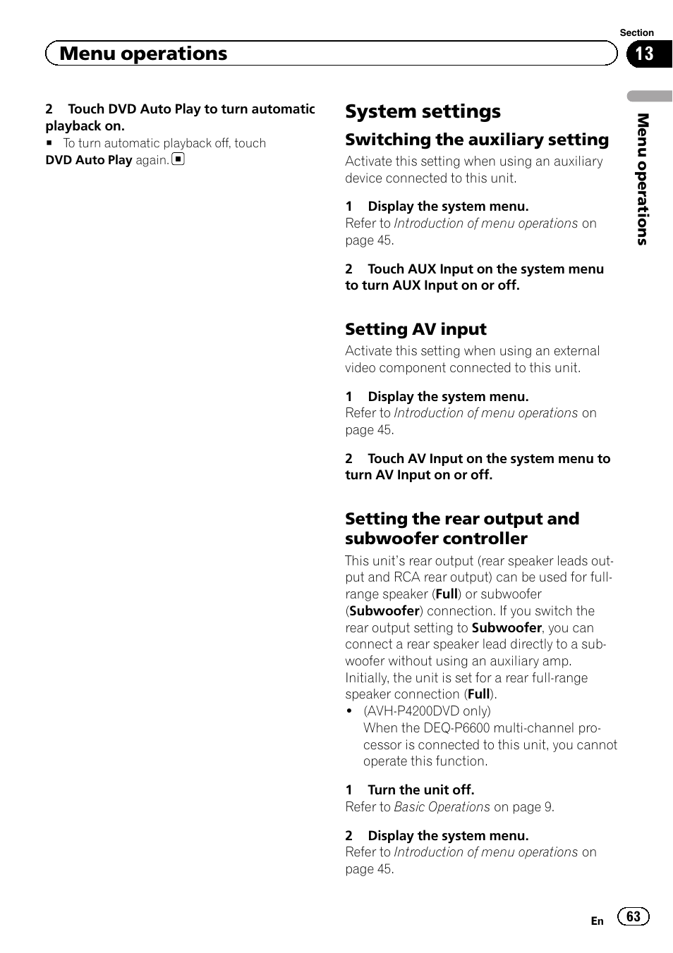 System settings, Menu operations | Pioneer AVH-P4200DVD User Manual | Page 63 / 96