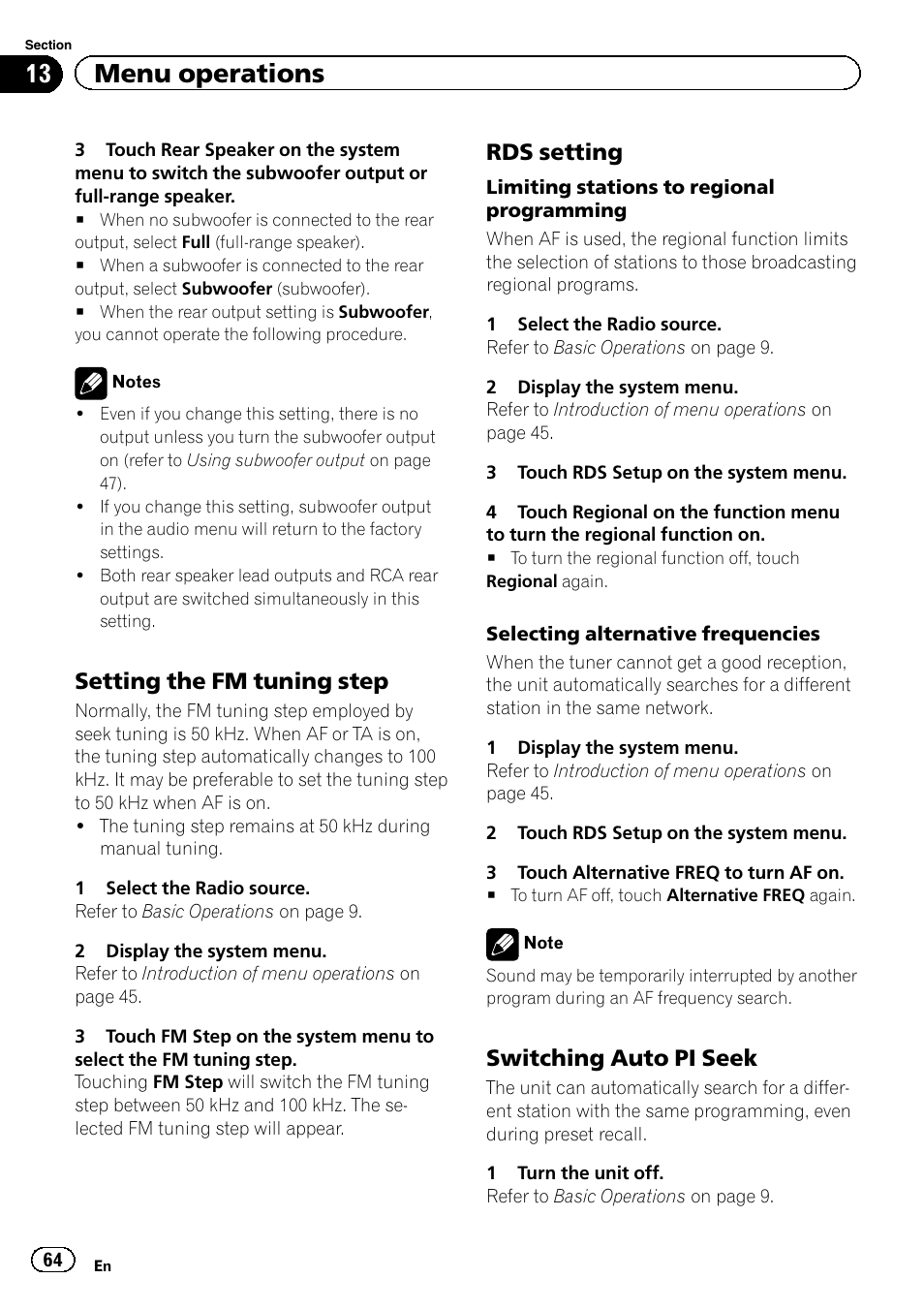 13 menu operations, Setting the fm tuning step, Rds setting | Switching auto pi seek | Pioneer AVH-P4200DVD User Manual | Page 64 / 96