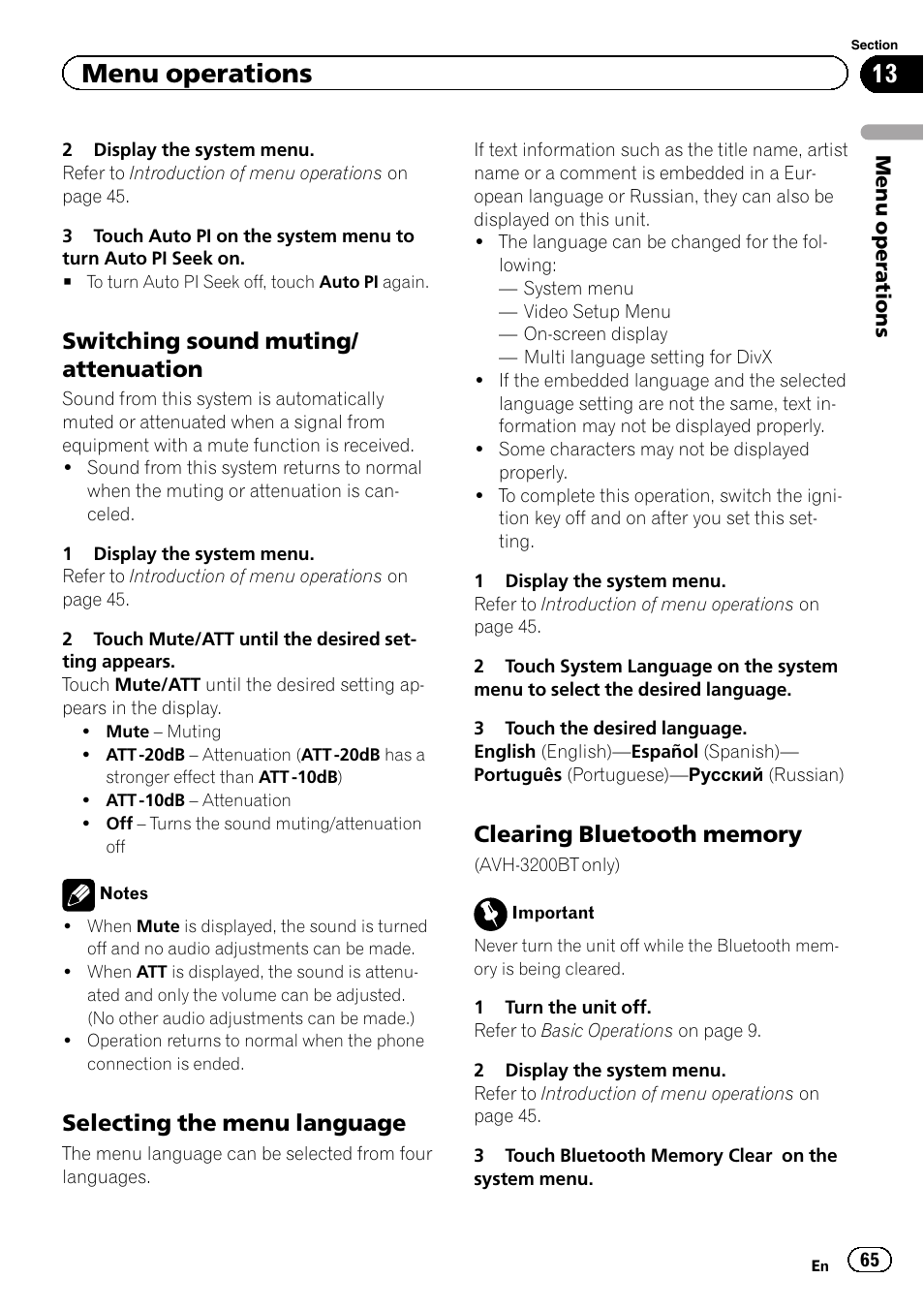 Menu operations, Switching sound muting/ attenuation, Selecting the menu language | Pioneer AVH-P4200DVD User Manual | Page 65 / 96