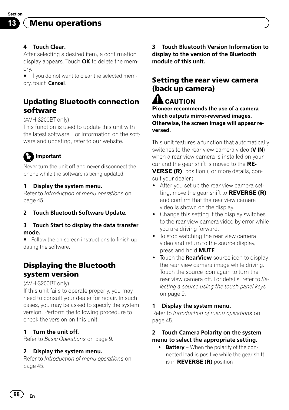 13 menu operations, Updating bluetooth connection software, Displaying the bluetooth system version | Setting the rear view camera (back up camera) | Pioneer AVH-P4200DVD User Manual | Page 66 / 96