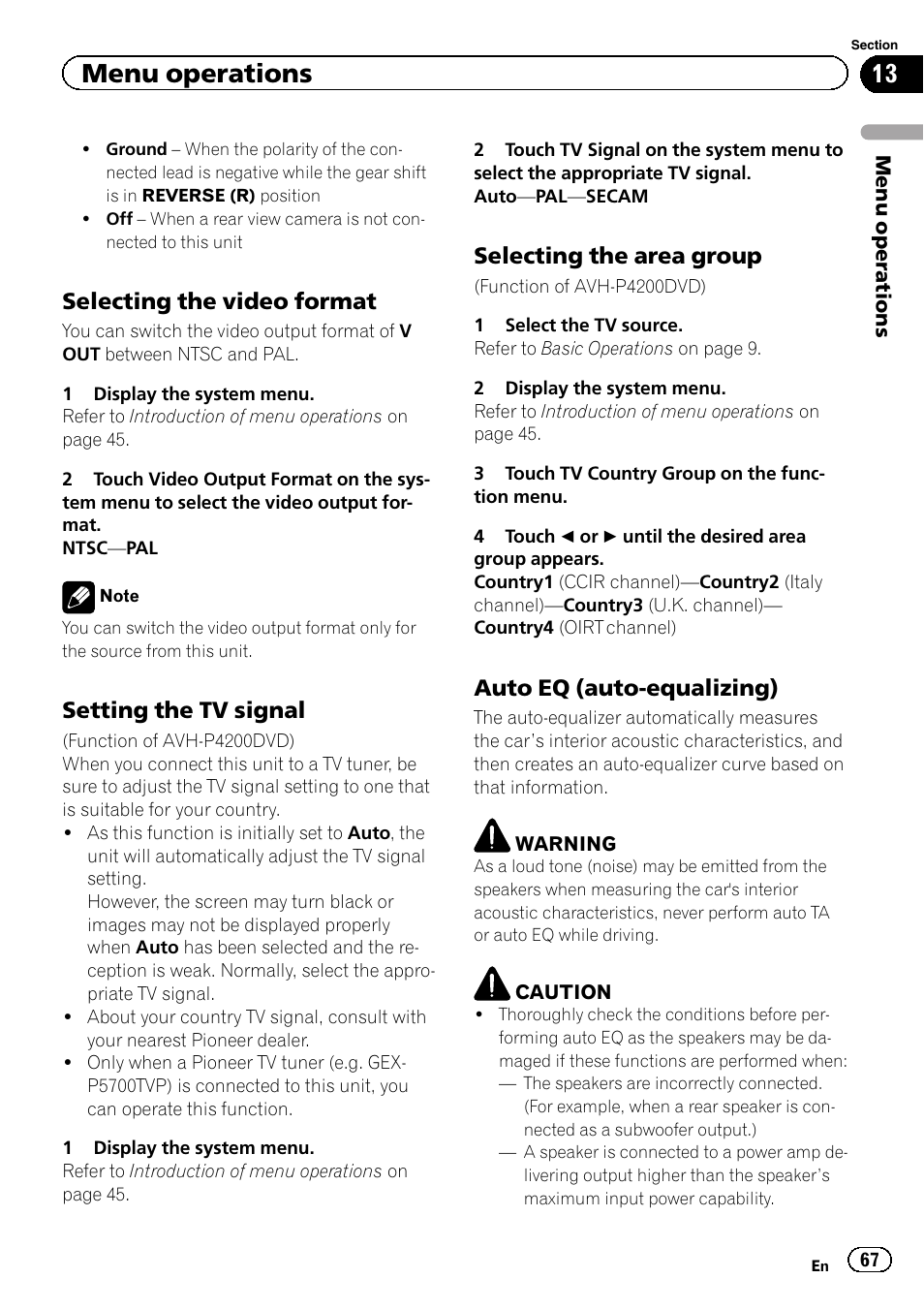 Menu operations, Selecting the video format, Setting the tv signal | Selecting the area group, Auto eq (auto-equalizing) | Pioneer AVH-P4200DVD User Manual | Page 67 / 96