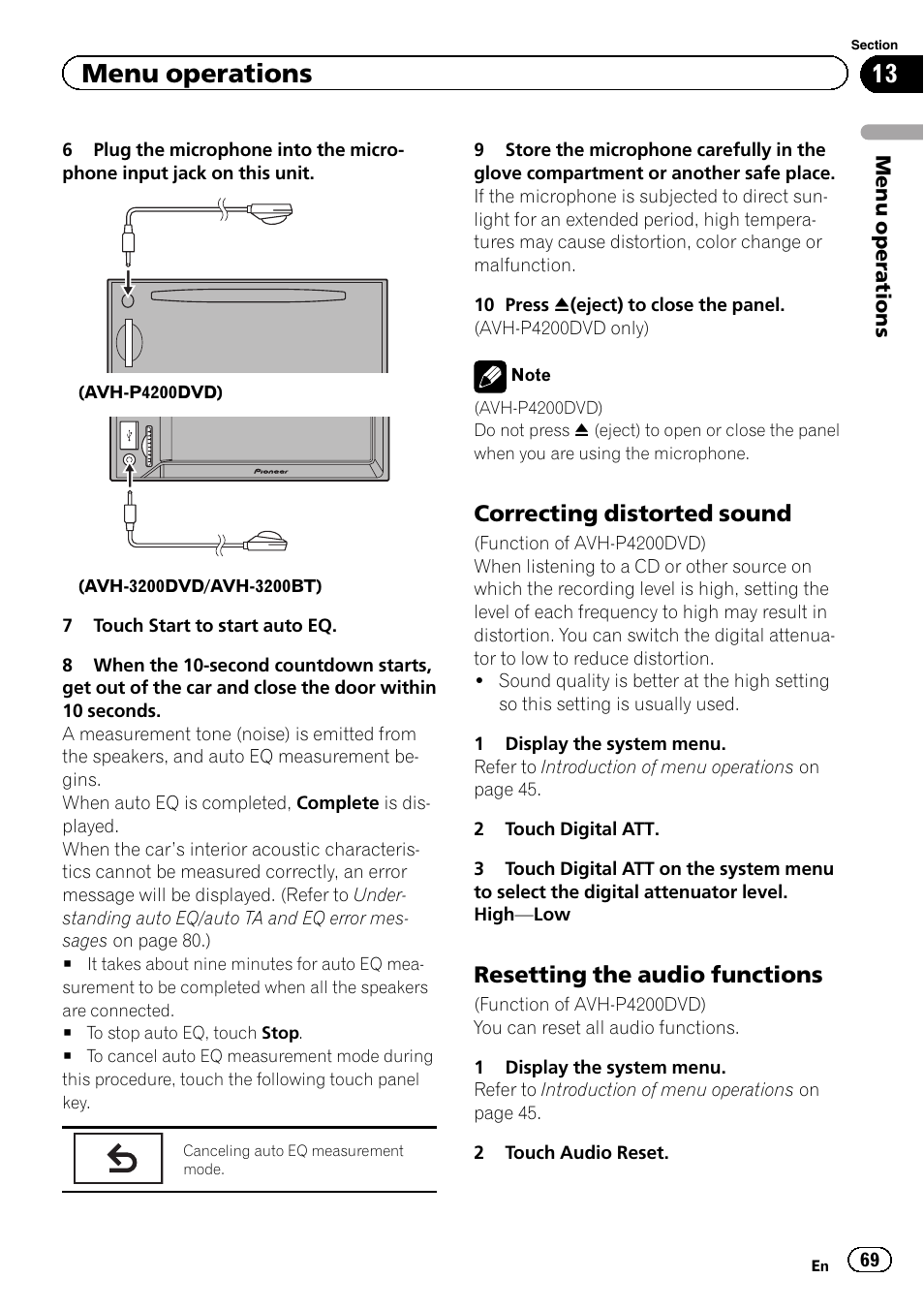Menu operations, Correcting distorted sound, Resetting the audio functions | Pioneer AVH-P4200DVD User Manual | Page 69 / 96