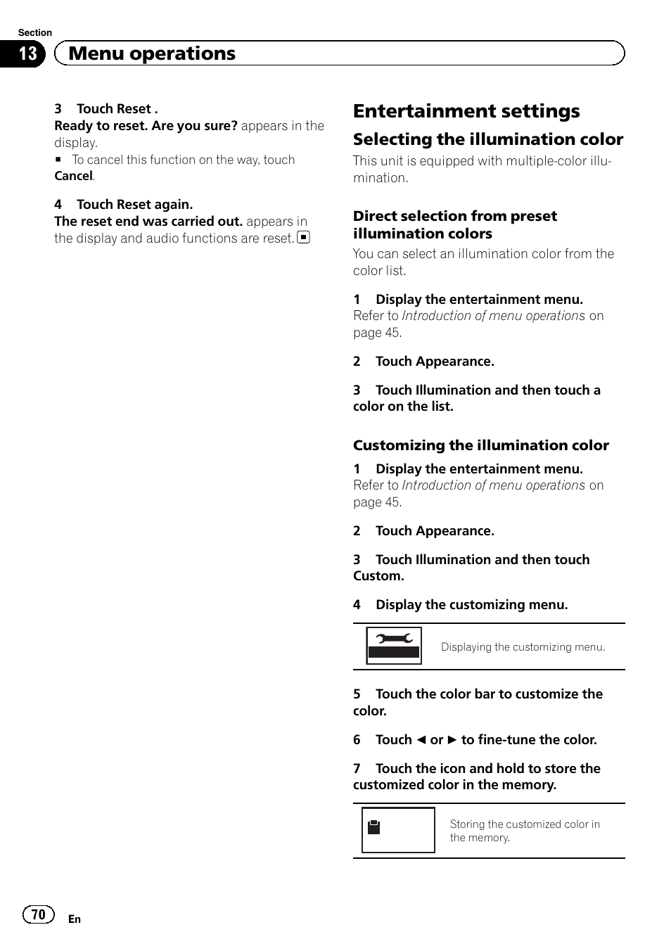 Entertainment settings, 13 menu operations, Selecting the illumination color | Pioneer AVH-P4200DVD User Manual | Page 70 / 96