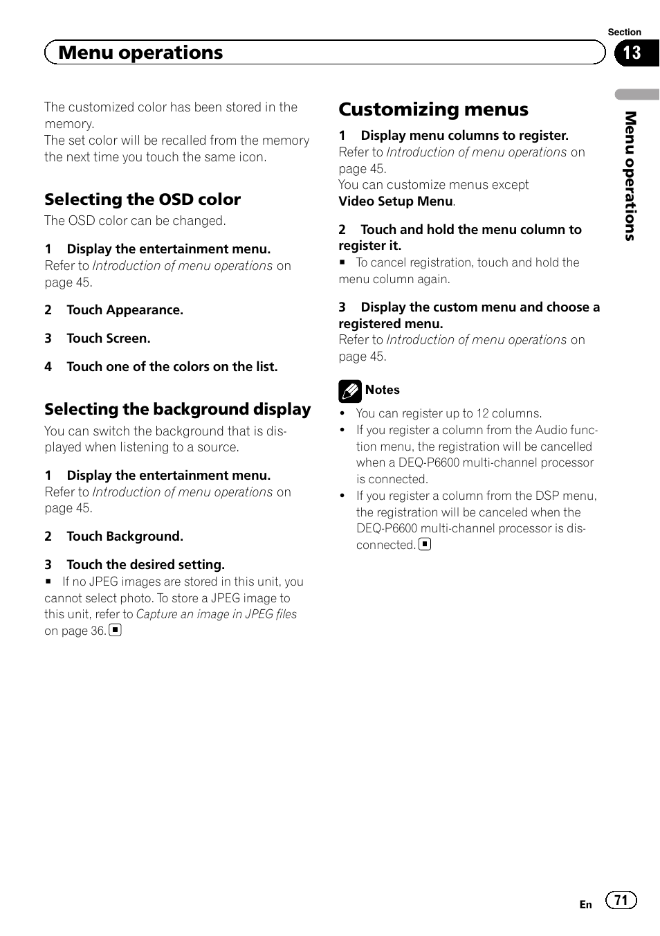 Customizing menus, Menu operations, Selecting the osd color | Selecting the background display | Pioneer AVH-P4200DVD User Manual | Page 71 / 96