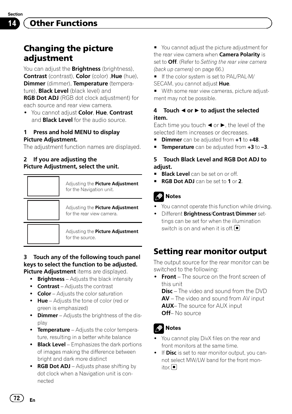 Other functions changing the picture adjustment, Setting rear monitor output, Changing the picture adjustment | Navi, Rear view, Source, 14 other functions | Pioneer AVH-P4200DVD User Manual | Page 72 / 96