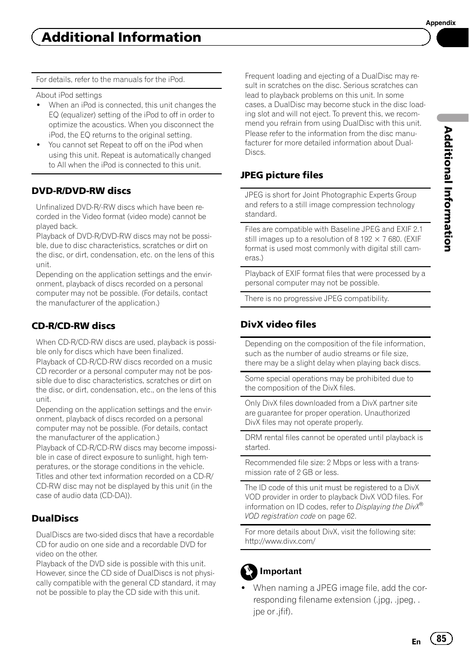Additional information | Pioneer AVH-P4200DVD User Manual | Page 85 / 96