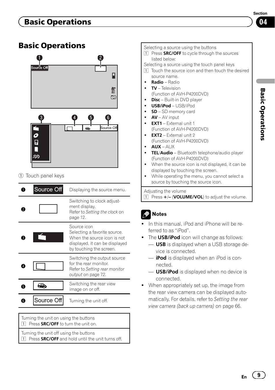 Basic operations basic operations, Basic operations, Front | Pioneer AVH-P4200DVD User Manual | Page 9 / 96