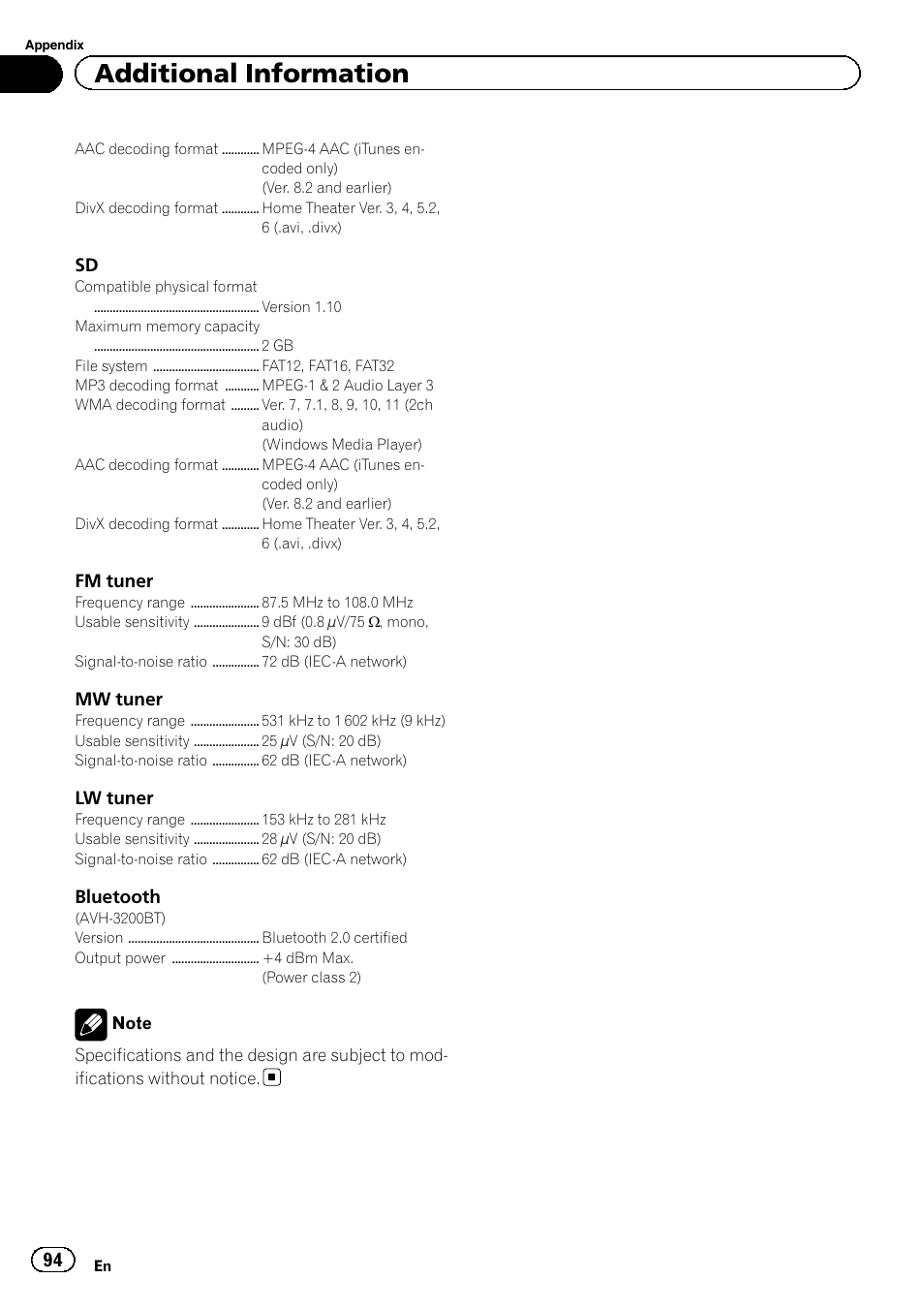 Additional information | Pioneer AVH-P4200DVD User Manual | Page 94 / 96