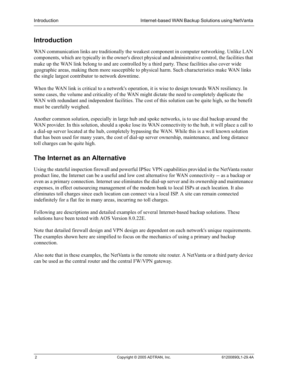 Introduction, The internet as an alternative | ADTRAN NetVanta Internet-Based WAN Backup User Manual | Page 2 / 12