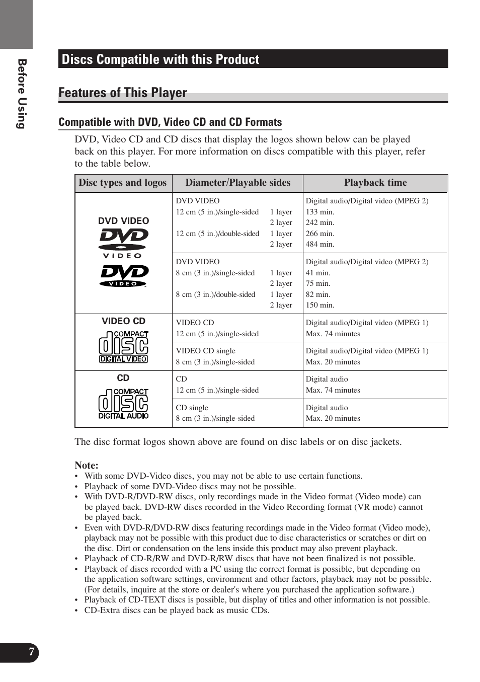 Discs compatible with this product, Features of this player, Compatible with dvd, video cd and cd formats | 7before using | Pioneer SDV-P7 User Manual | Page 10 / 68