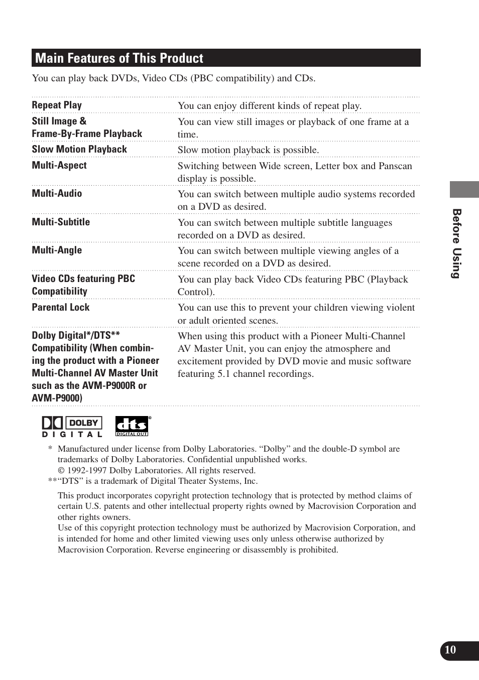 Main features of this product | Pioneer SDV-P7 User Manual | Page 13 / 68