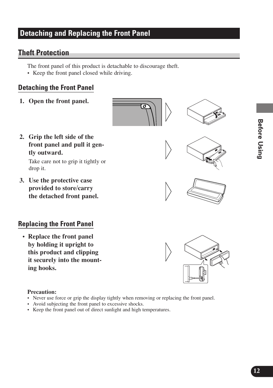 Detaching and replacing, The front panel, Theft protection | Pioneer SDV-P7 User Manual | Page 15 / 68