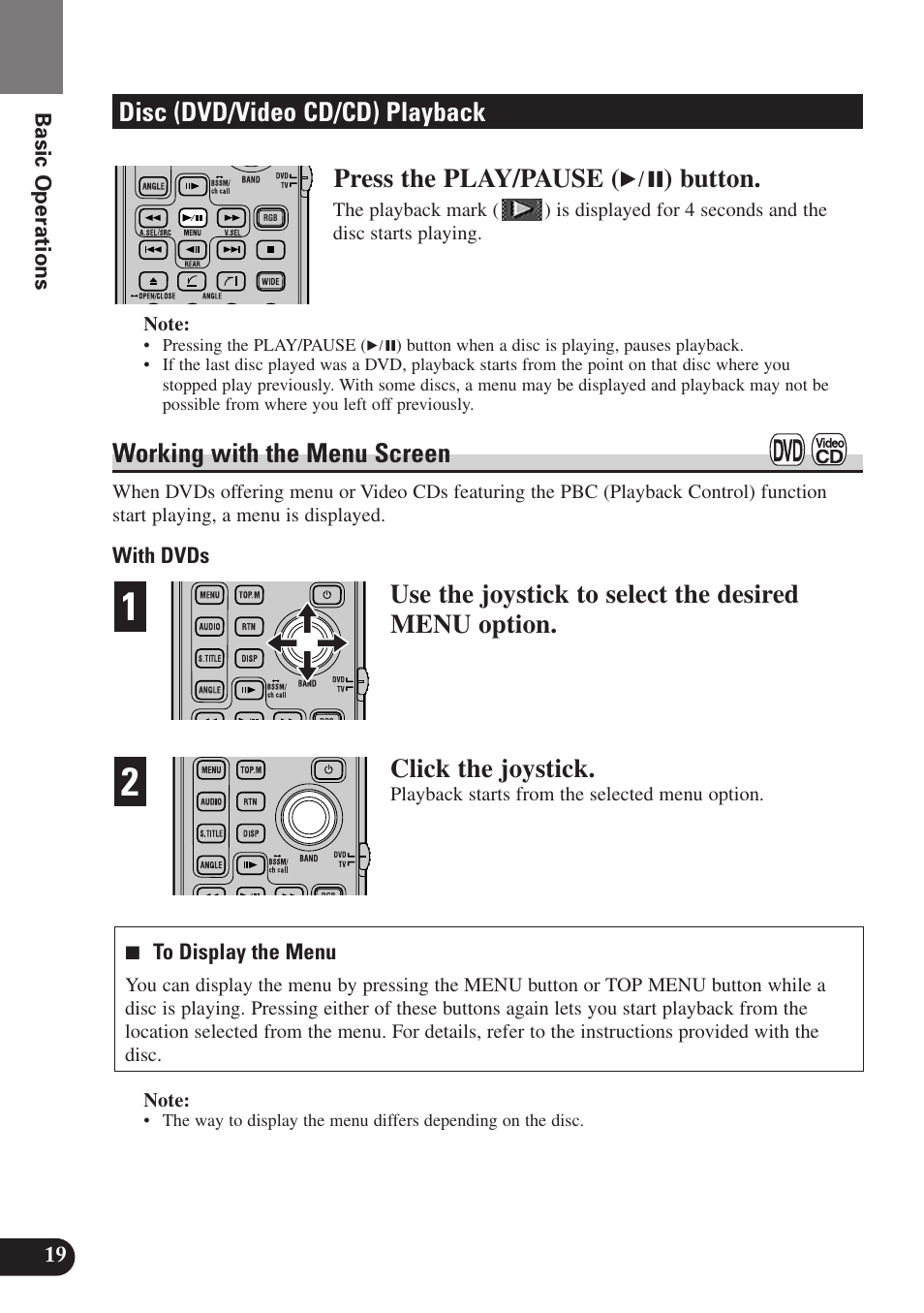 Disc (dvd/video cd/cd) playback, Working with the menu screen, 19 basic operations | With dvds, 7 to display the menu, Playback starts from the selected menu option | Pioneer SDV-P7 User Manual | Page 22 / 68