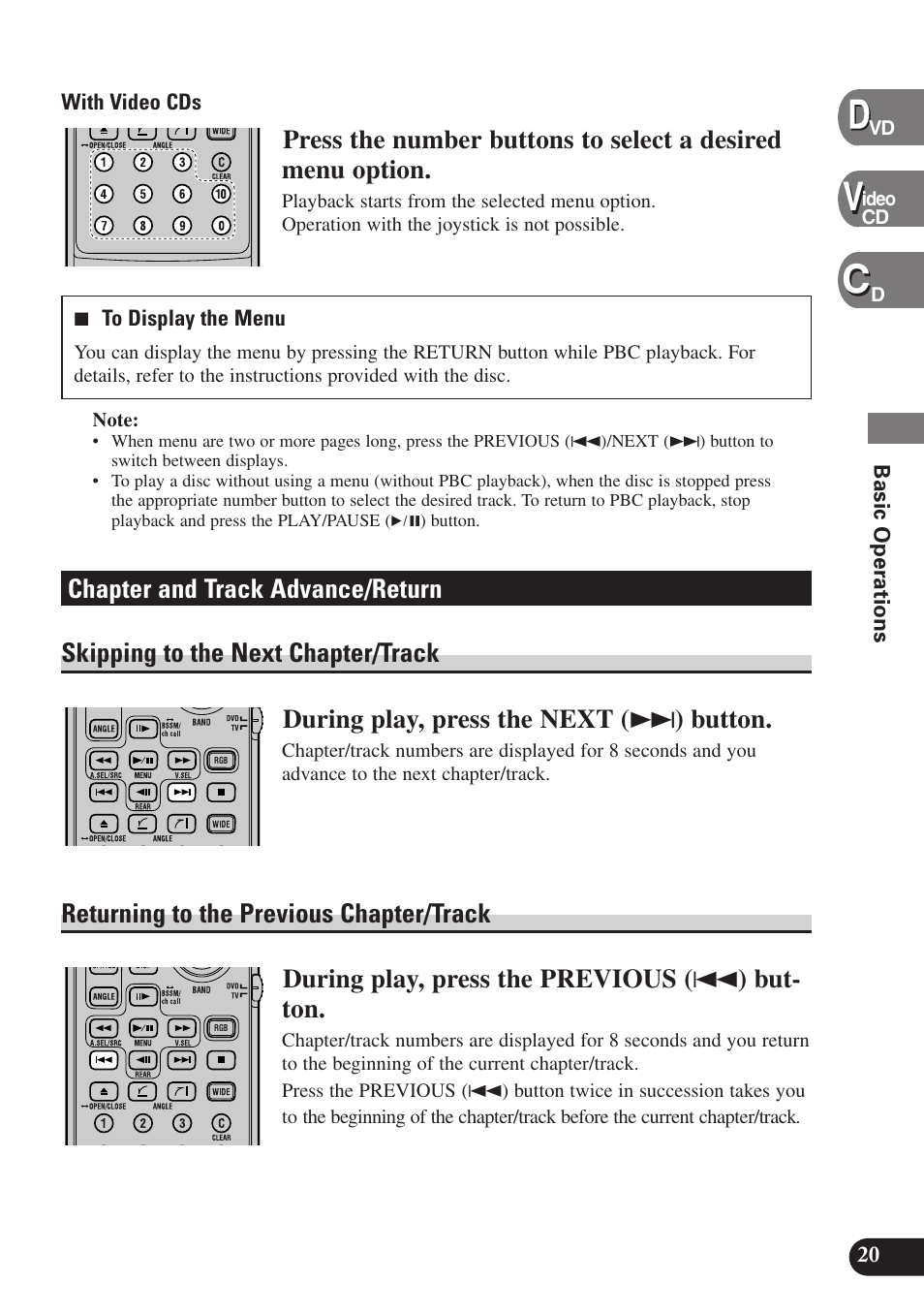 Chapter and track advance/return, Skipping to the next chapter/track, Returning to the previous chapter/track | 20 basic operations, With video cds, 7 to display the menu, Ideo cd d | Pioneer SDV-P7 User Manual | Page 23 / 68