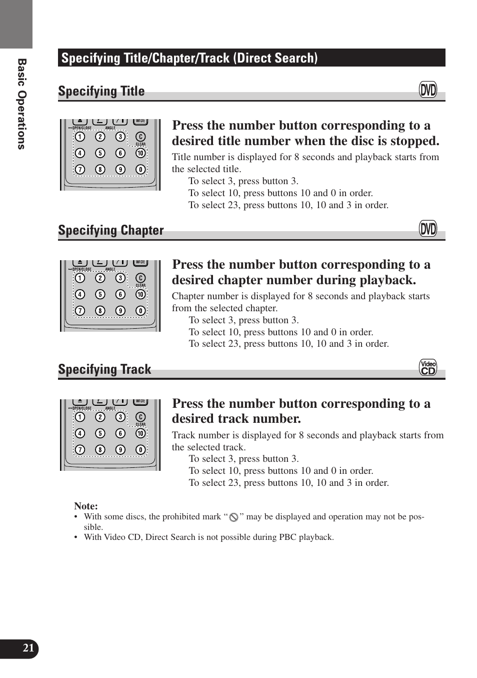 Specifying title/chapter/track, Direct search), Specifying title | Specifying chapter, Specifying track, 21 basic operations | Pioneer SDV-P7 User Manual | Page 24 / 68
