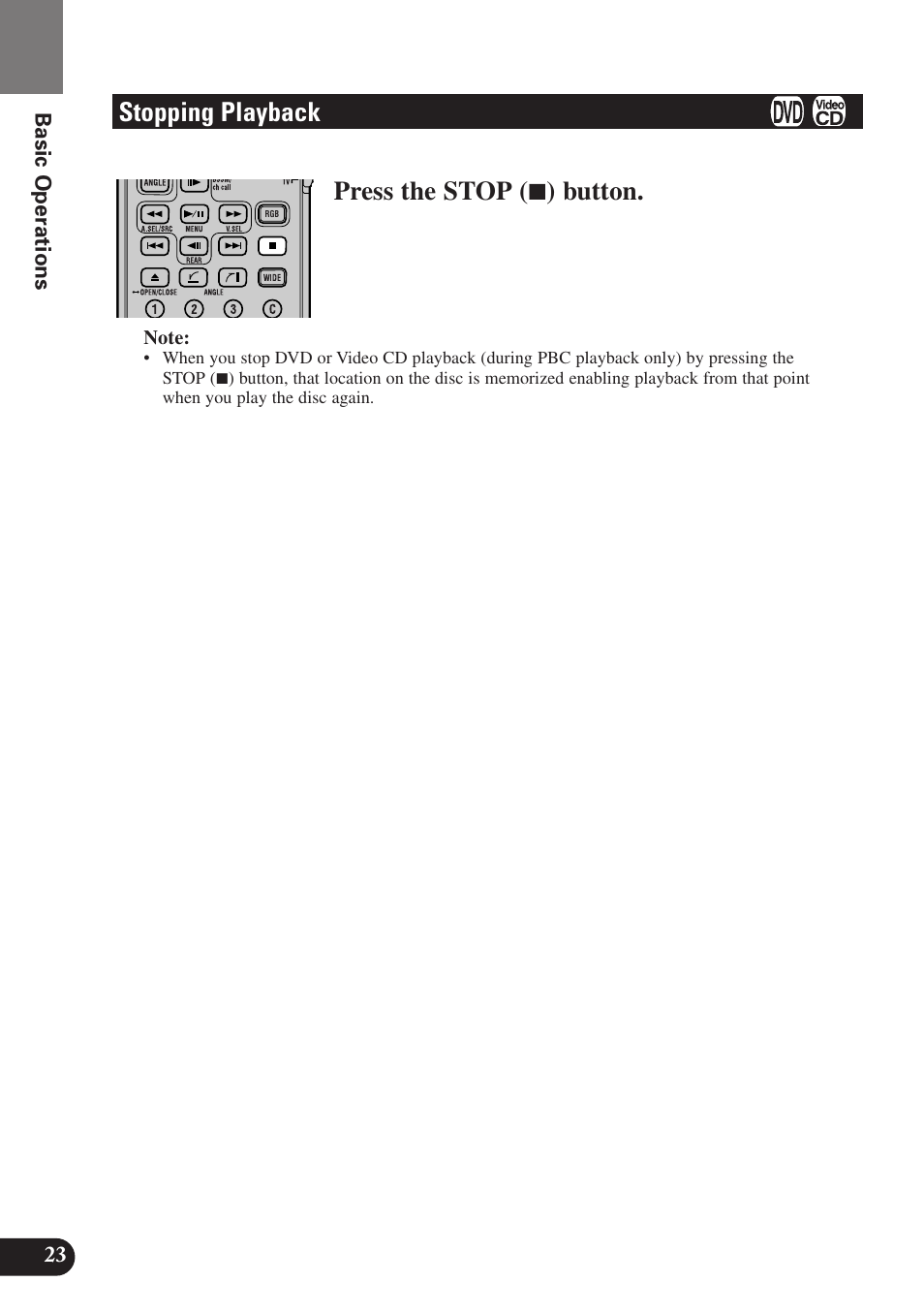 Stopping playback, Stopping playback press the stop ( 7 ) button, 23 basic operations | Pioneer SDV-P7 User Manual | Page 26 / 68