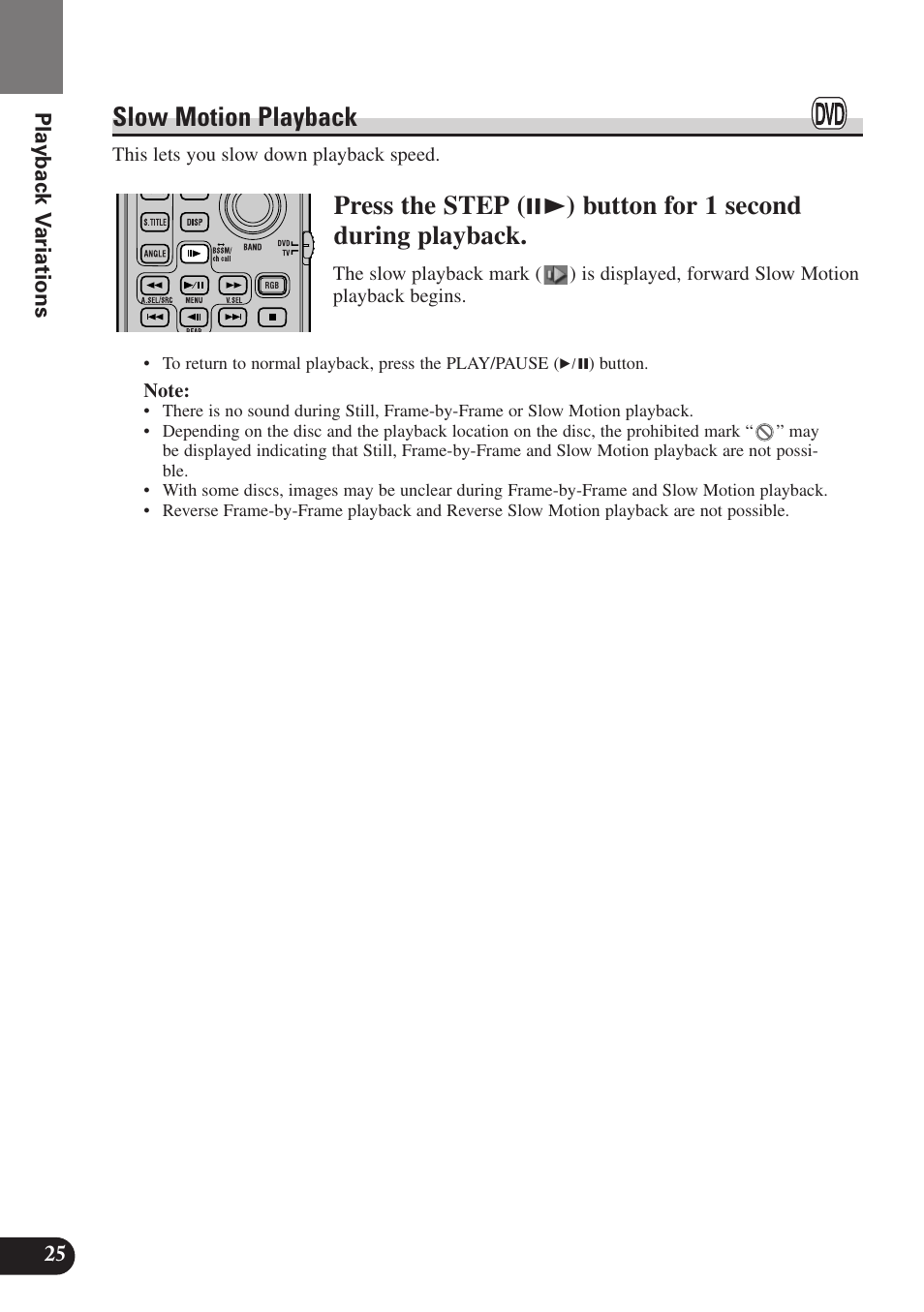 Slow motion playback, Playback v ariations, This lets you slow down playback speed | Pioneer SDV-P7 User Manual | Page 28 / 68