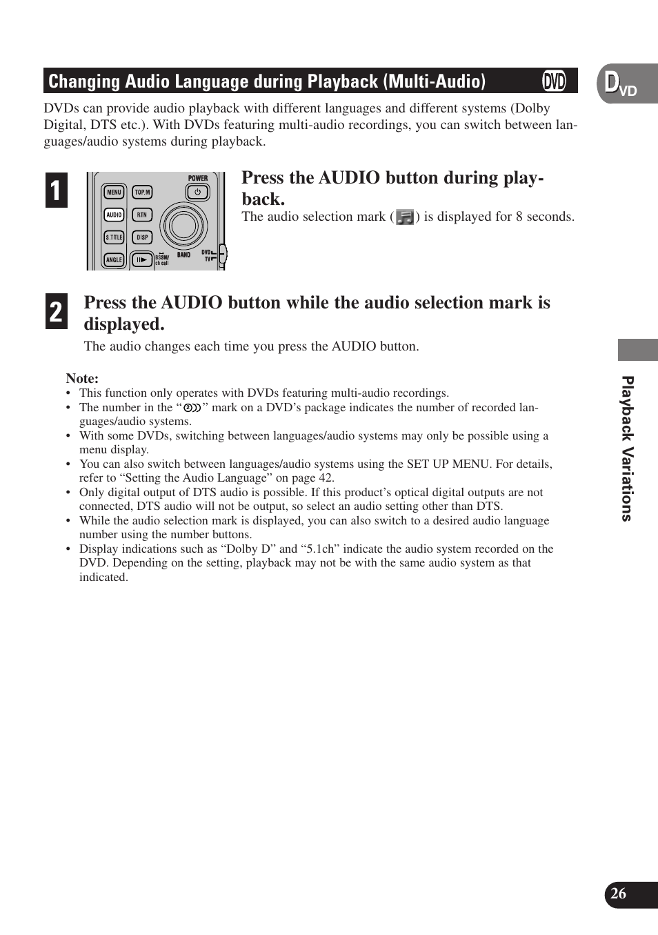 Changing audio language, During playback (multi-audio), Press the audio button during play- back | Playback v ariations | Pioneer SDV-P7 User Manual | Page 29 / 68