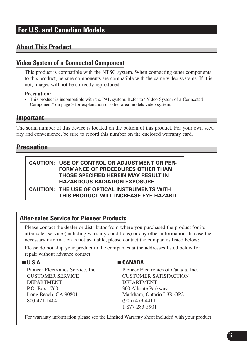 For u.s. and canadian models about this product, Important, Precaution | Pioneer SDV-P7 User Manual | Page 3 / 68