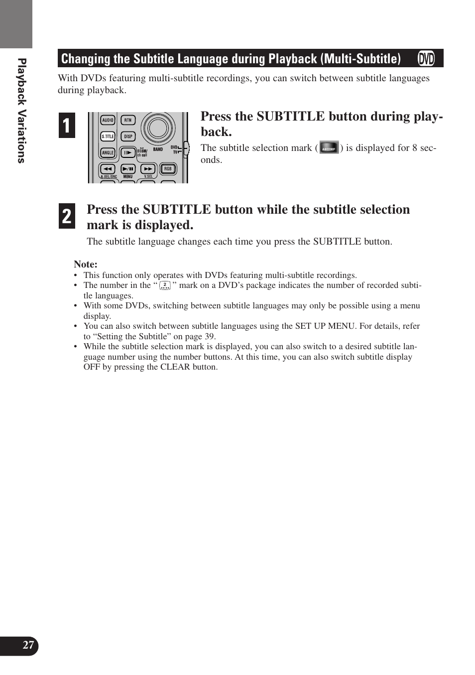 Changing the subtitle language, During playback (multi-subtitle), Press the subtitle button during play- back | Playback v ariations | Pioneer SDV-P7 User Manual | Page 30 / 68