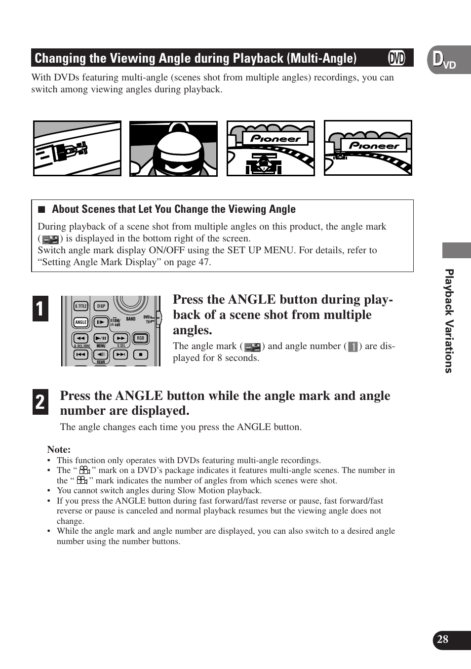 Changing the viewing angle, During playback (multi-angle), Playback v ariations | Pioneer SDV-P7 User Manual | Page 31 / 68