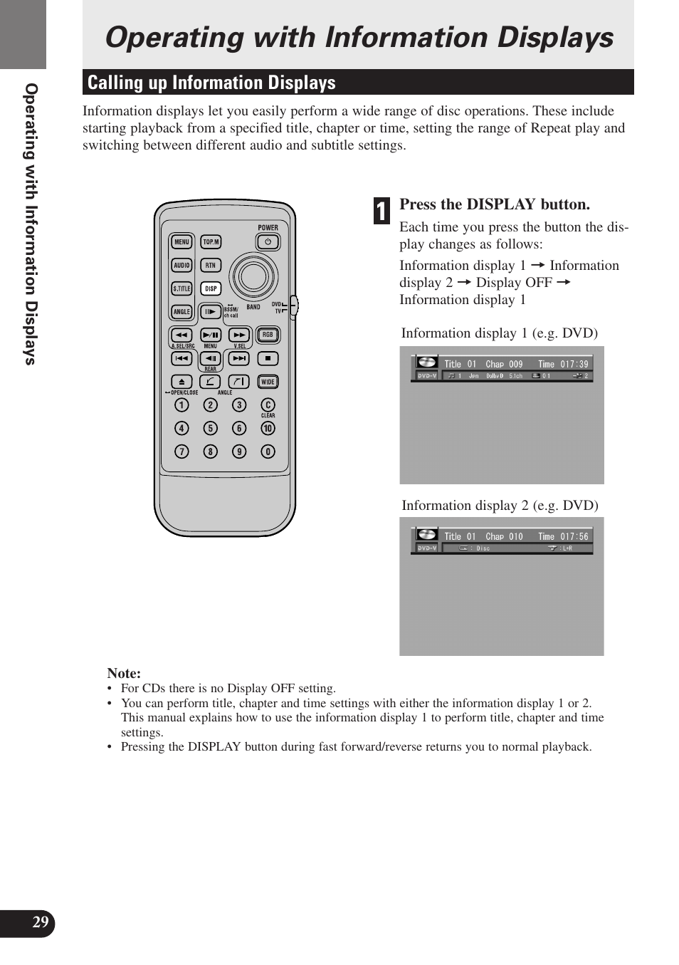 Operating with, Information displays, Calling up information displays | 29 press the display button, Operating with information displays | Pioneer SDV-P7 User Manual | Page 32 / 68