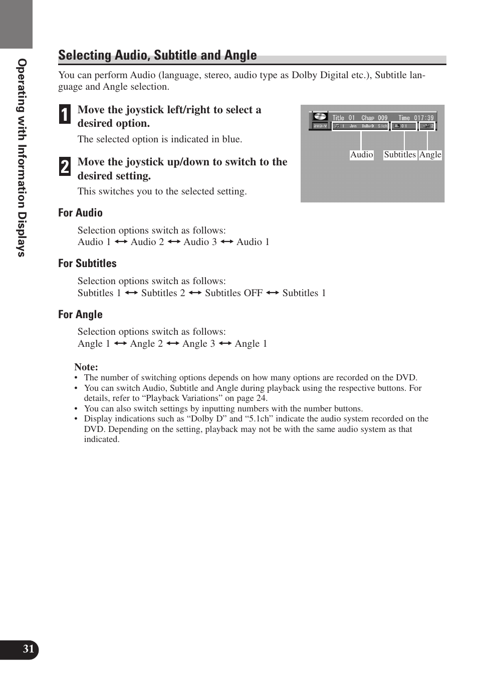 Selecting audio, subtitle and angle | Pioneer SDV-P7 User Manual | Page 34 / 68