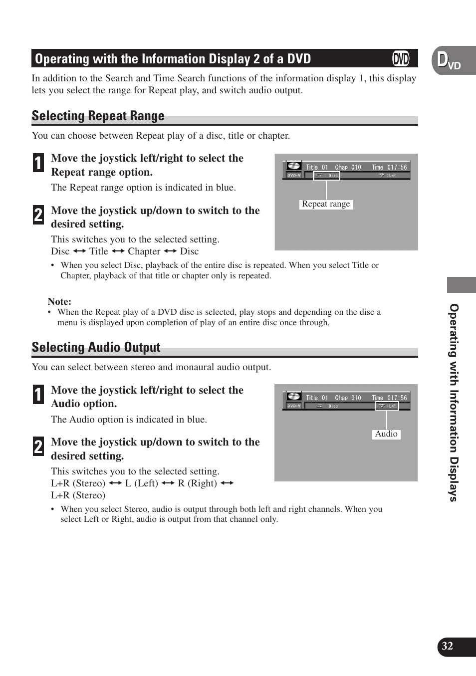 Operating with the information, Display 2 of a dvd, Selecting repeat range | Selecting audio output, Operating with the information display 2 of a dvd | Pioneer SDV-P7 User Manual | Page 35 / 68