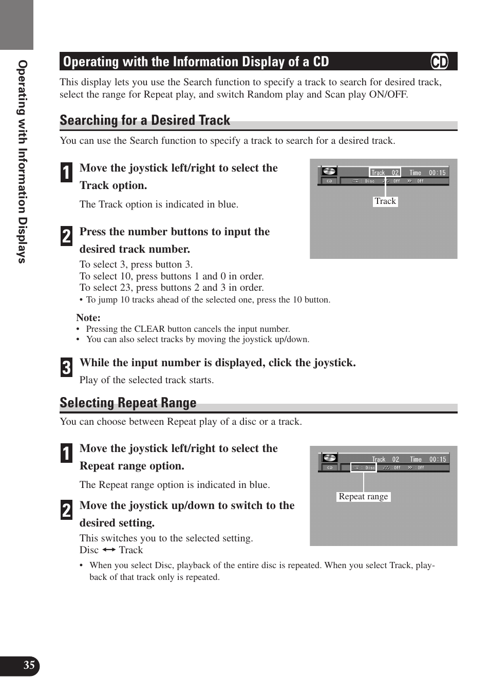 Operating with the information, Display of a cd, Searching for a desired track | Selecting repeat range, Operating with the information display of a cd | Pioneer SDV-P7 User Manual | Page 38 / 68