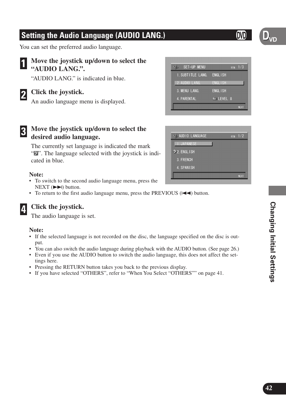 Setting the audio language, Audio lang.), Setting the audio language (audio lang.) | Pioneer SDV-P7 User Manual | Page 45 / 68