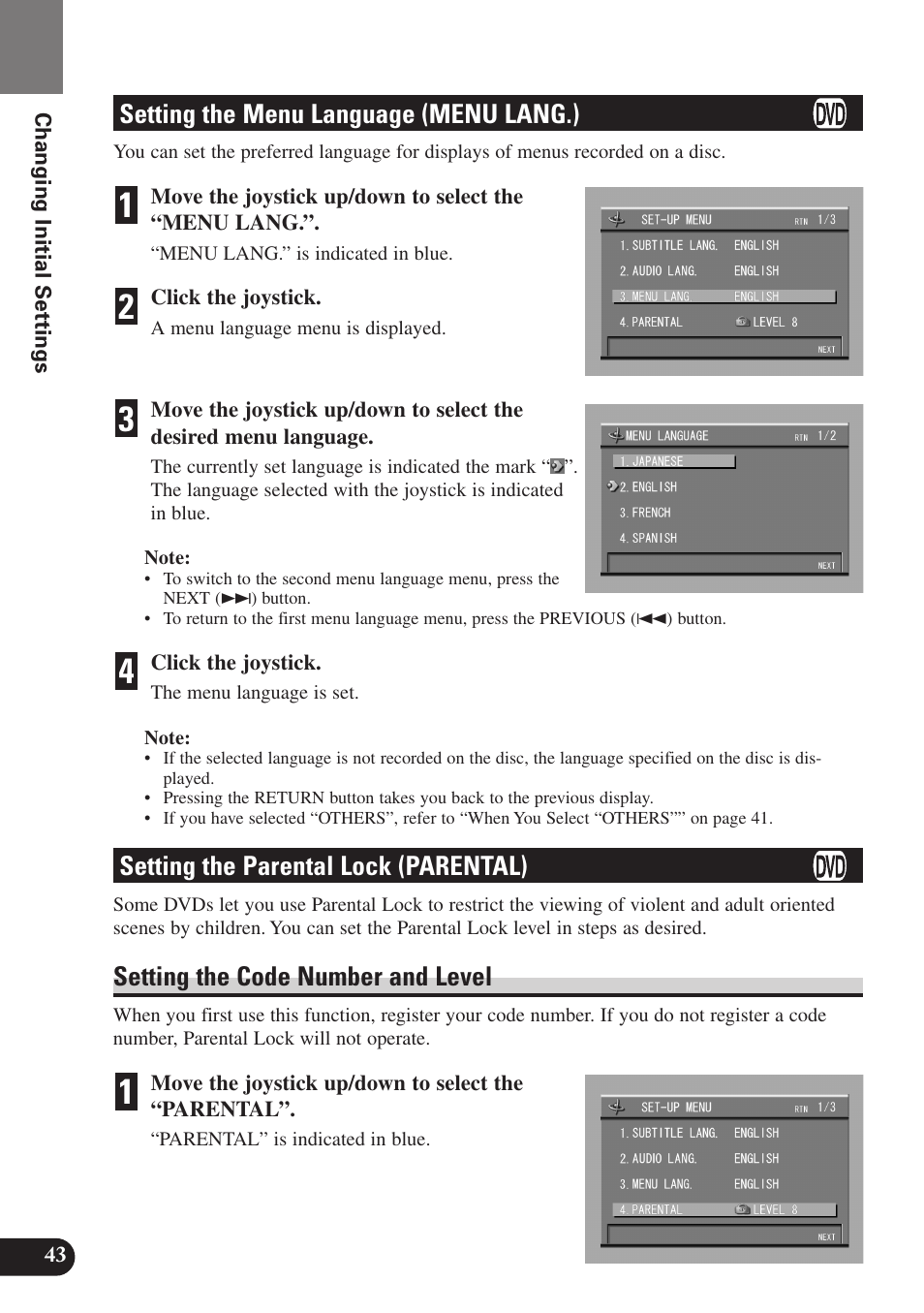 Setting the menu language, Menu lang.), Setting the parental lock (parental) | Setting the code number and level, Setting the menu language (menu lang.) | Pioneer SDV-P7 User Manual | Page 46 / 68
