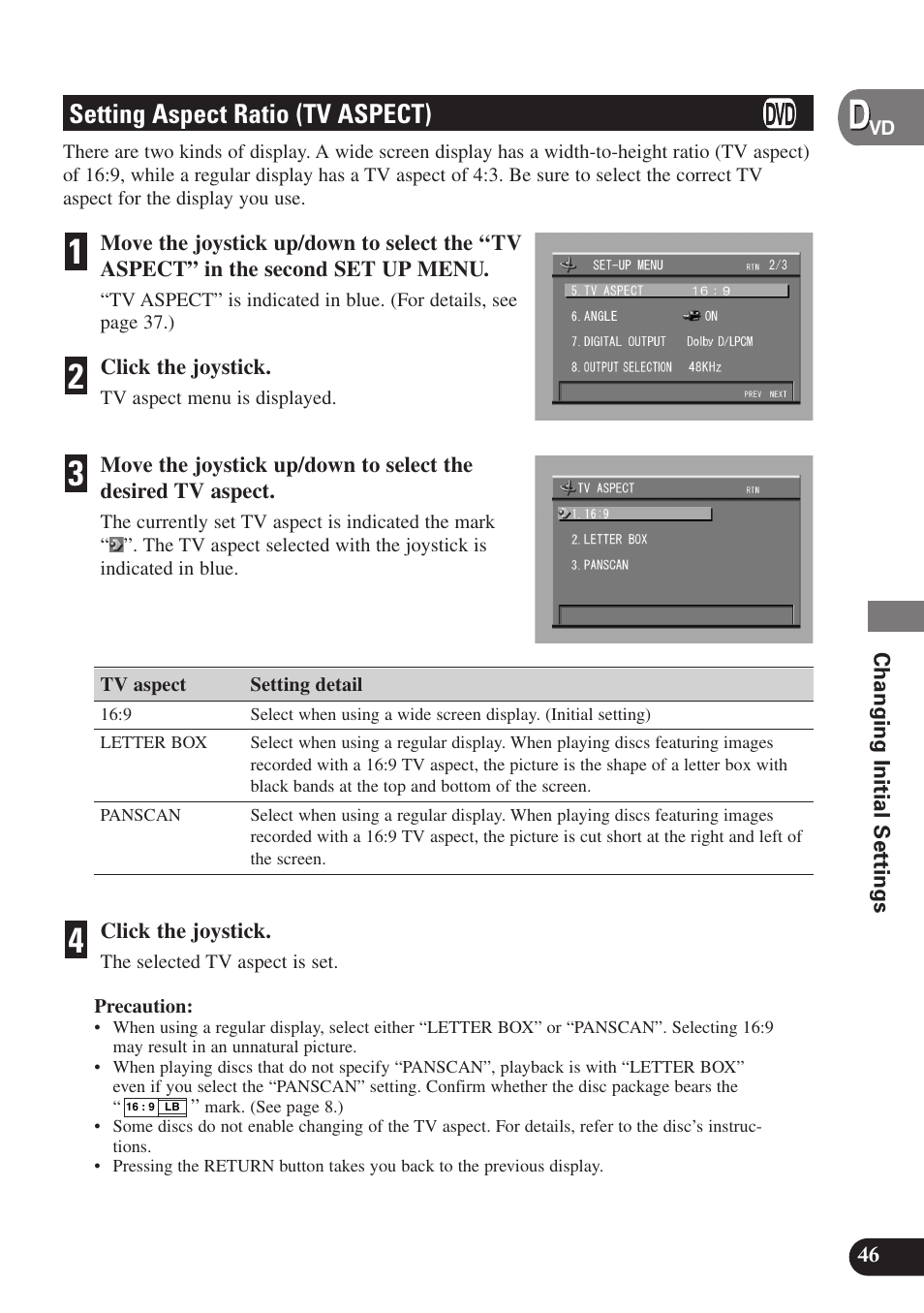 Setting aspect ratio (tv aspect) | Pioneer SDV-P7 User Manual | Page 49 / 68