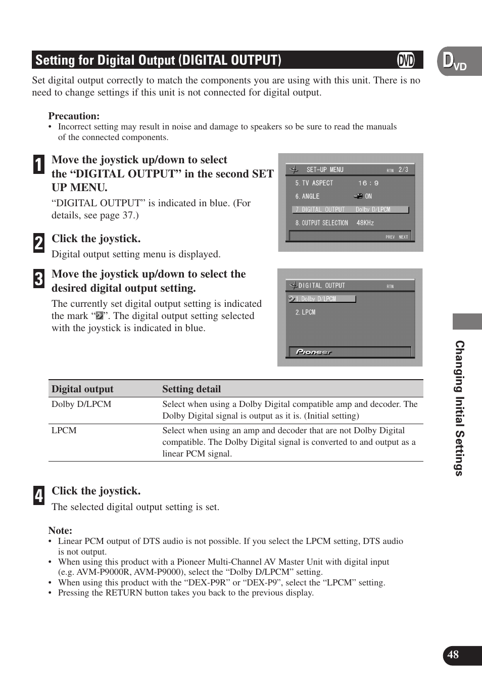 Setting for digital output, Digital output), Setting for digital output (digital output) | Pioneer SDV-P7 User Manual | Page 51 / 68