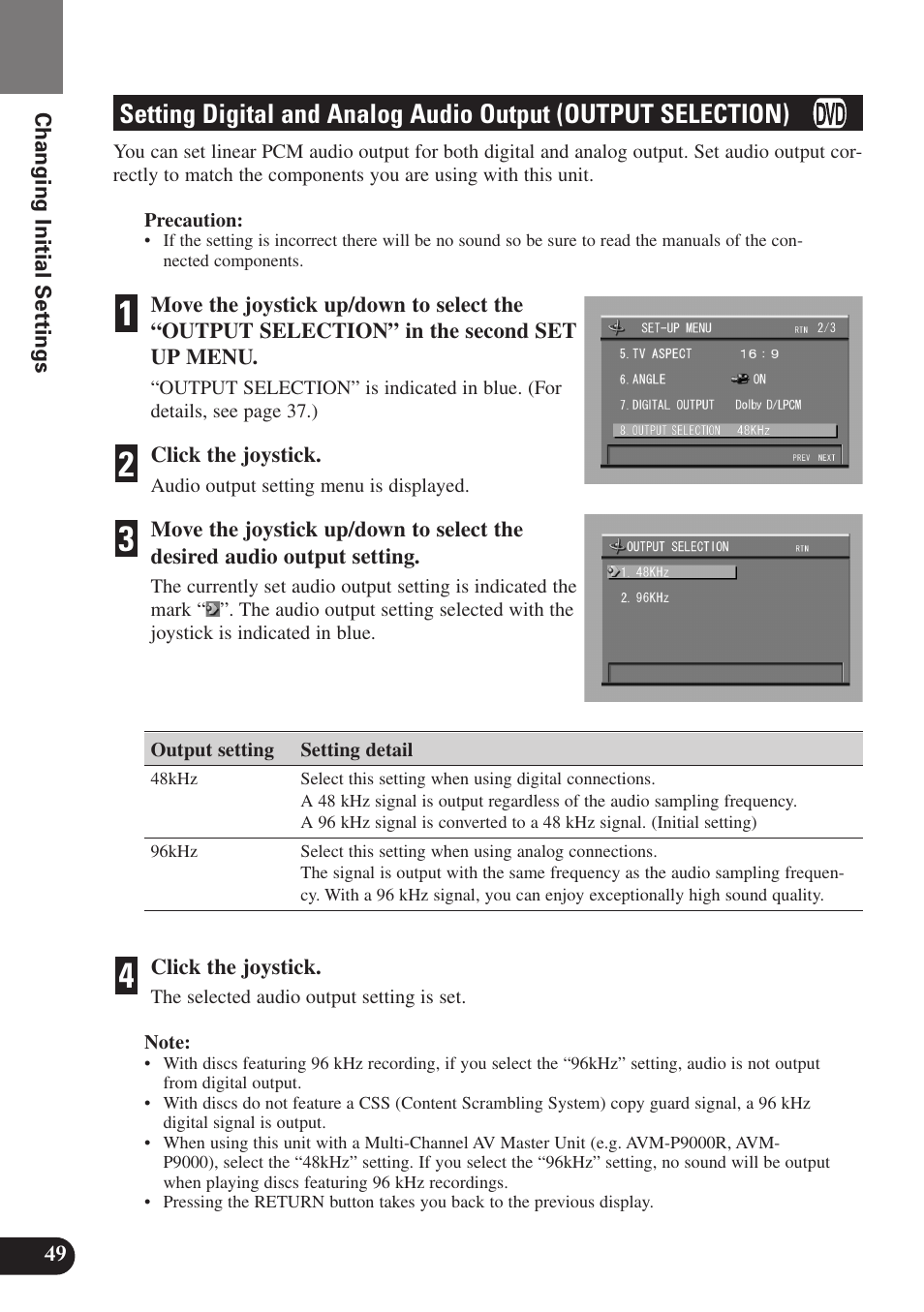 Setting digital and analog audio output, Output selection) | Pioneer SDV-P7 User Manual | Page 52 / 68