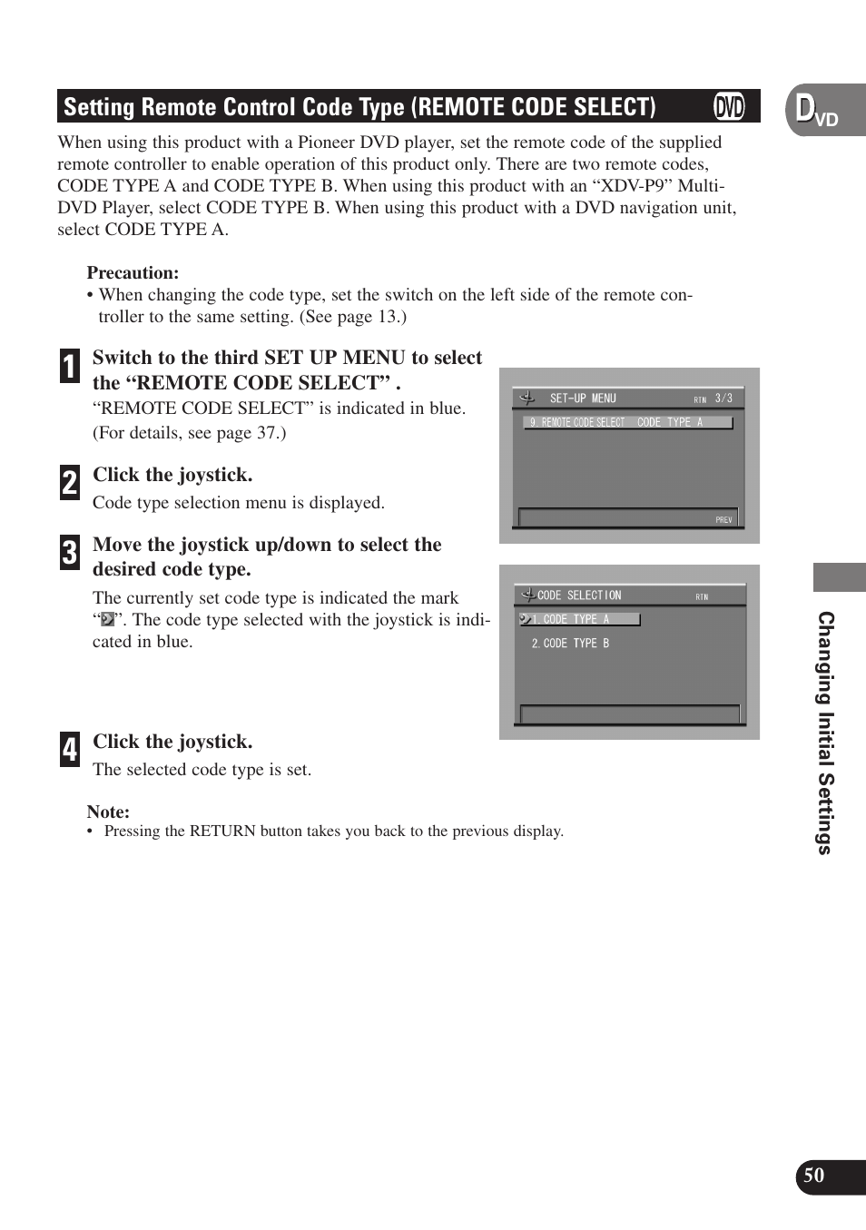 Setting remote control code type, Remote code select) | Pioneer SDV-P7 User Manual | Page 53 / 68
