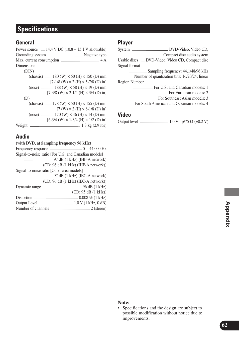 Specifications | Pioneer SDV-P7 User Manual | Page 65 / 68