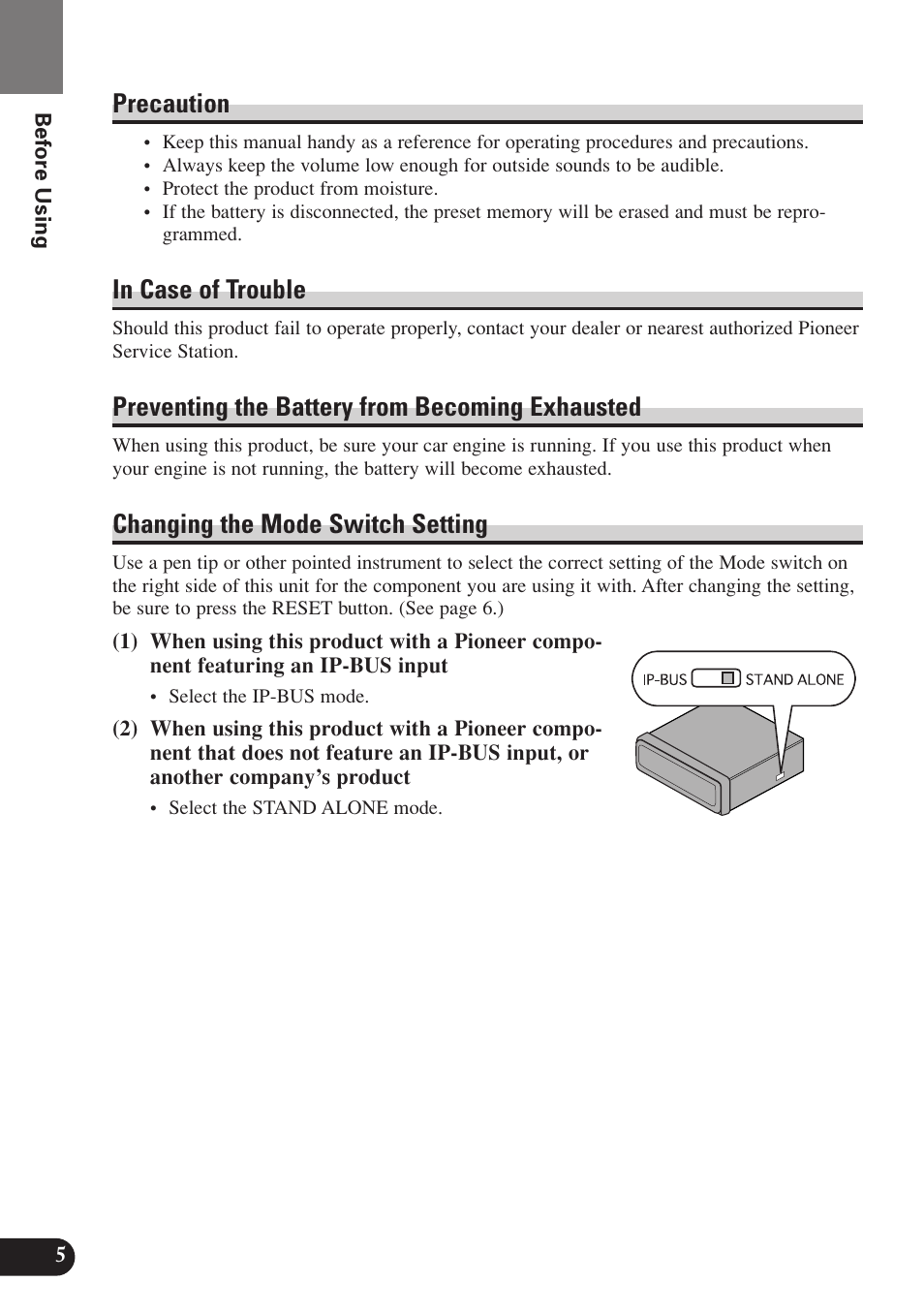Precaution, In case of trouble, Preventing the battery from becoming exhausted | Changing the mode switch setting | Pioneer SDV-P7 User Manual | Page 8 / 68