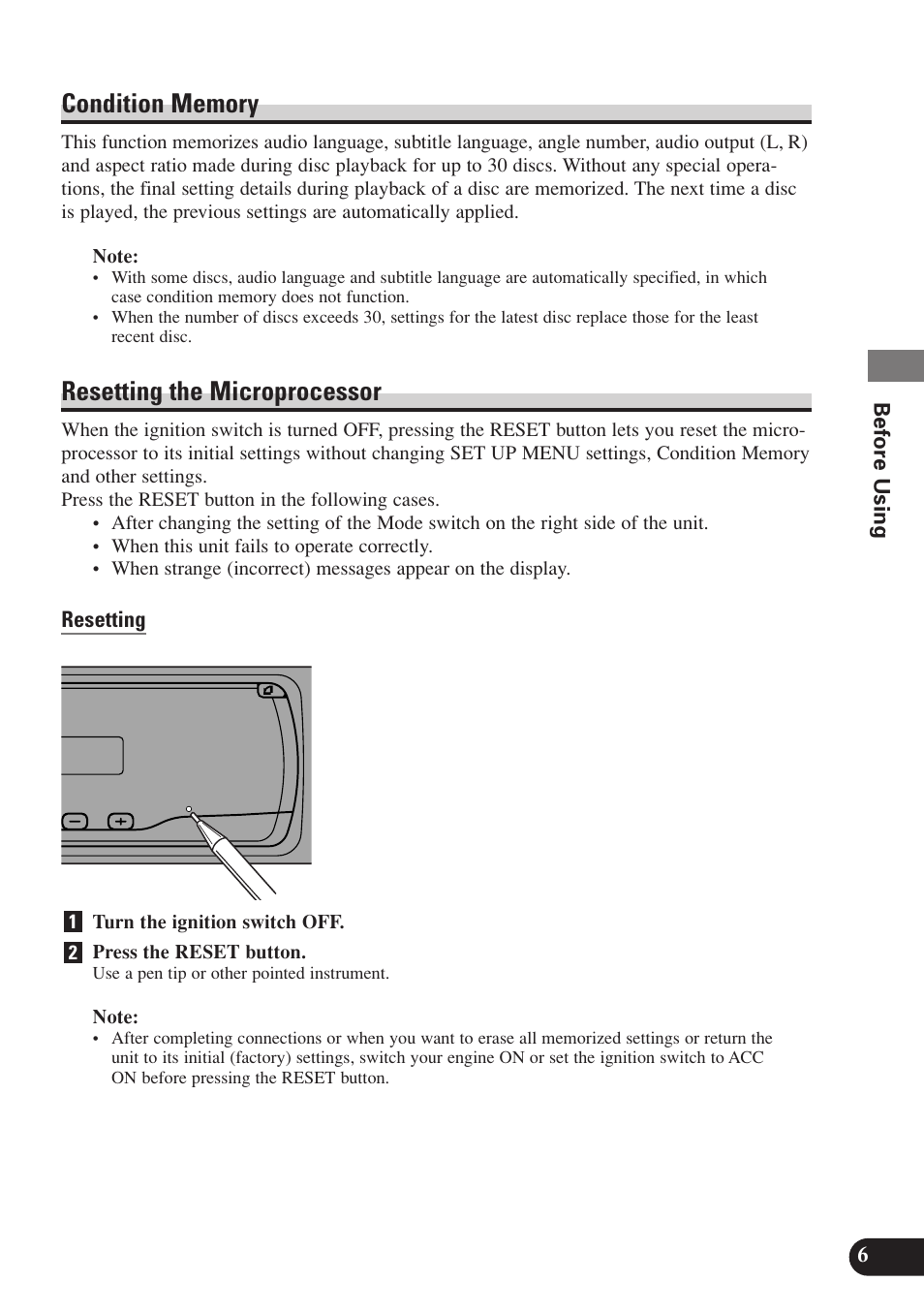Condition memory, Resetting the microprocessor | Pioneer SDV-P7 User Manual | Page 9 / 68