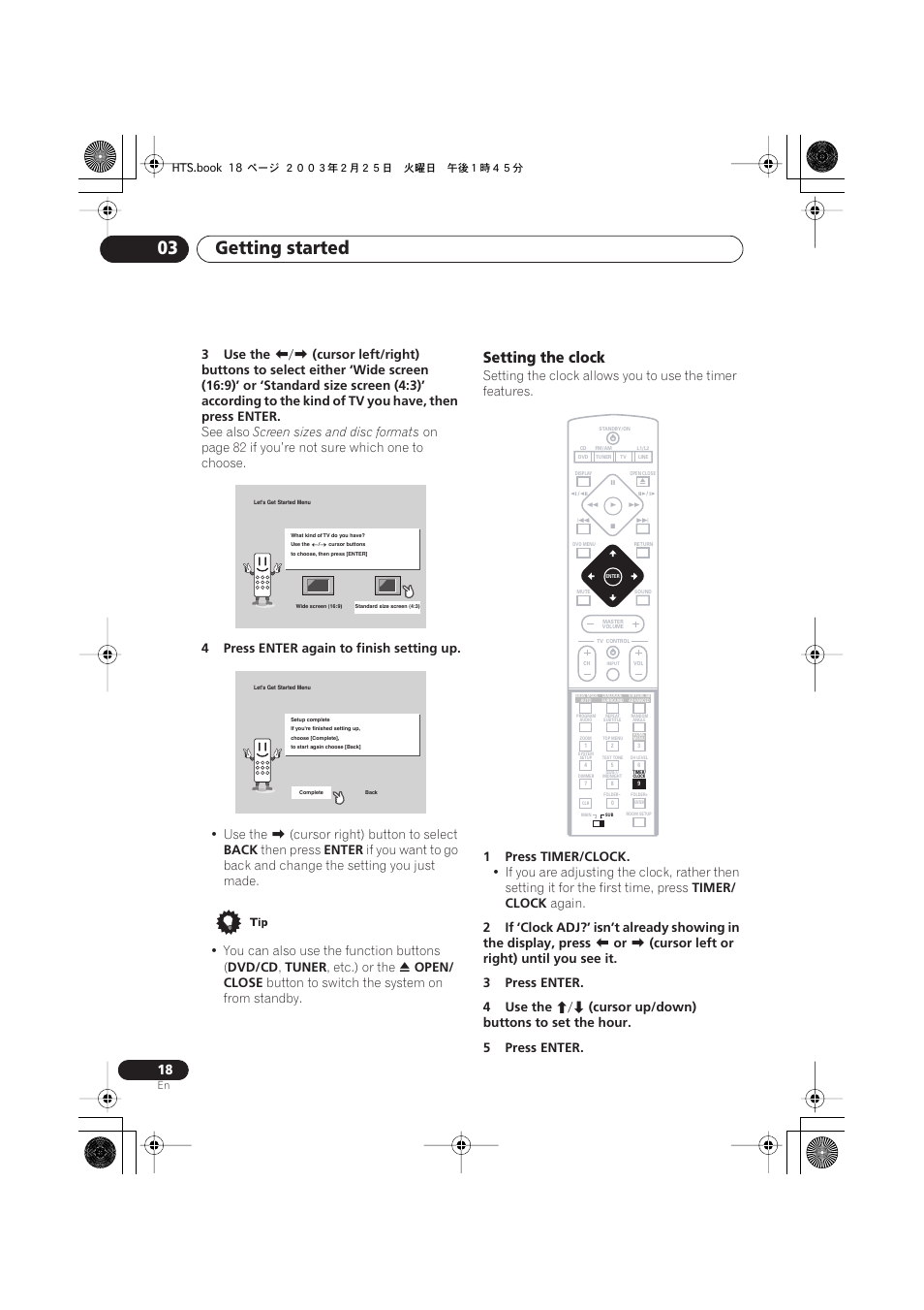 Setting the clock, Getting started 03, 3use the | See also, Screen sizes and disc formats, On page 82 if you’re not sure which one to choose, 4press enter again to finish setting up, Use the, Cursor right) button to select, Back | Pioneer DCS-222 User Manual | Page 18 / 91