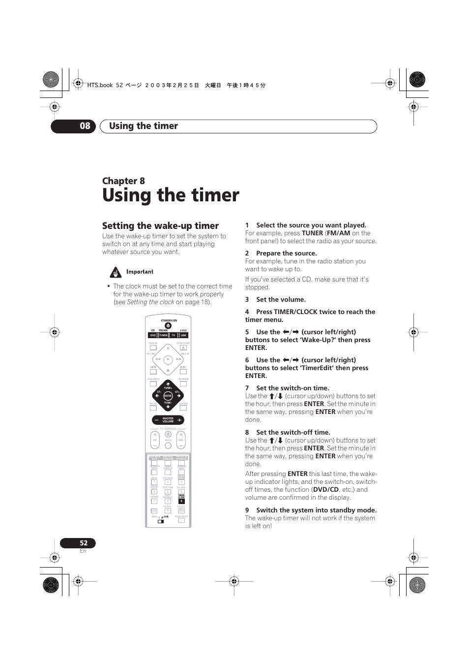 08 using the timer, Setting the wake-up timer, Using the timer | Using the timer 08, Chapter 8 | Pioneer DCS-222 User Manual | Page 52 / 91