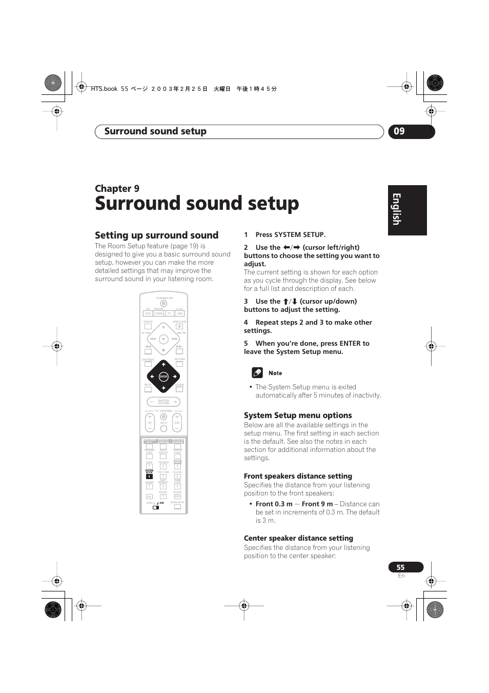 09 surround sound setup, Setting up surround sound, System setup menu options | Surround sound setup, English italiano français, Nederlands, Español deutsch, Surround sound setup 09, Chapter 9, Front speakers distance setting | Pioneer DCS-222 User Manual | Page 55 / 91