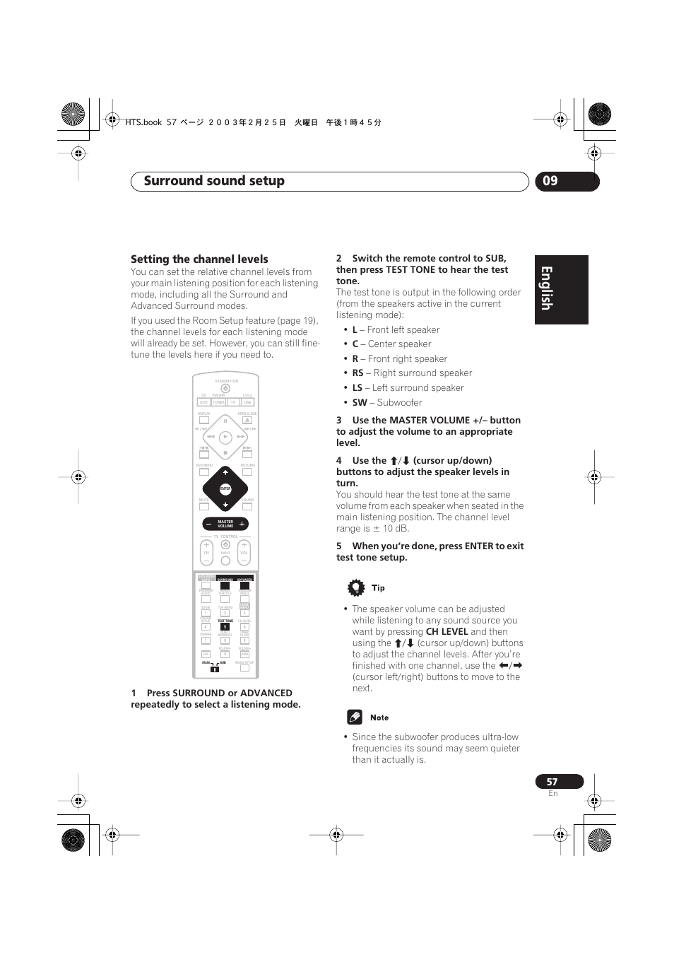 Setting the channel levels, English italiano français, Nederlands | Español deutsch, Surround sound setup 09 | Pioneer DCS-222 User Manual | Page 57 / 91