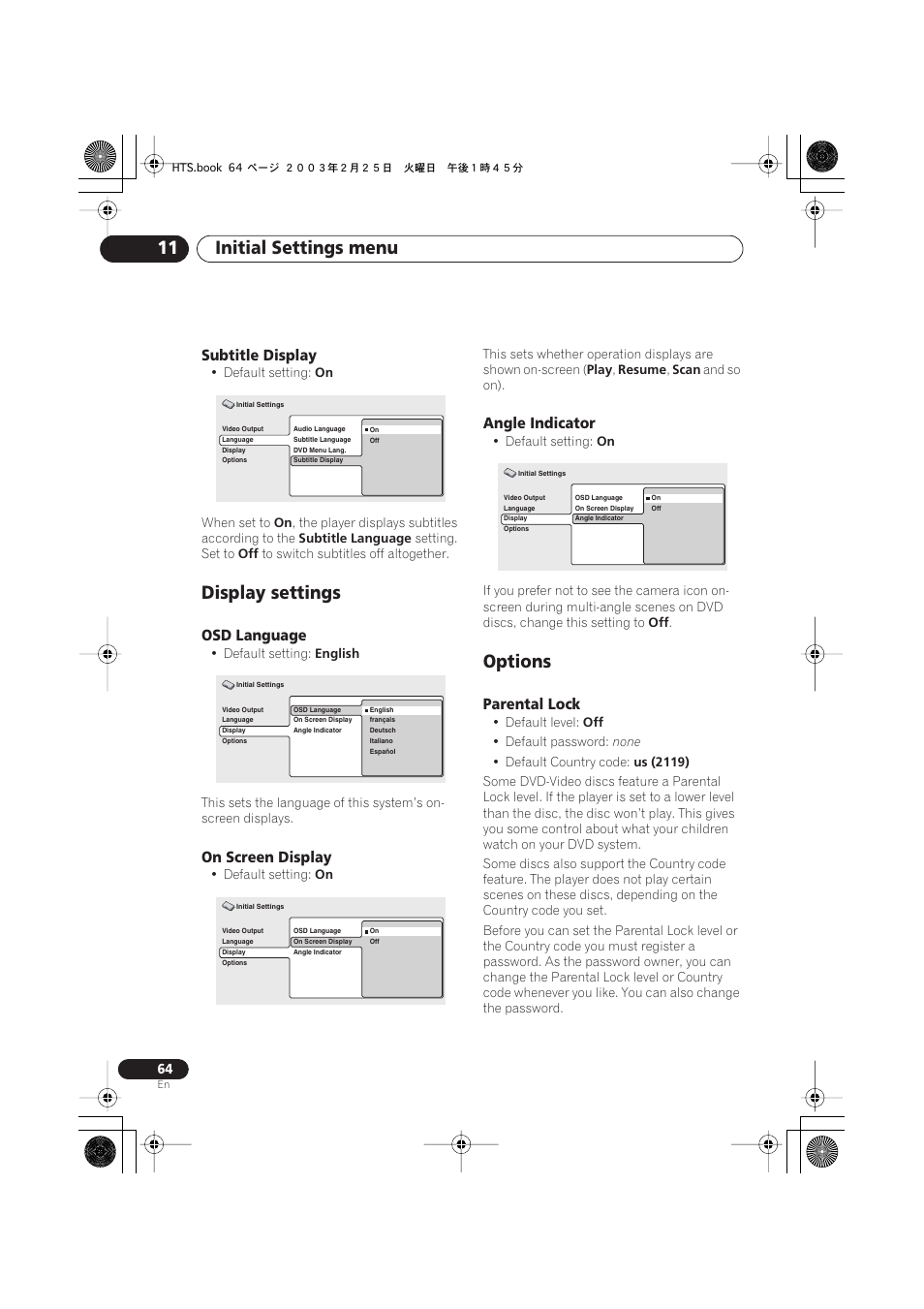 Subtitle display, Display settings, Osd language | On screen display, Angle indicator, Options, Parental lock, Initial settings menu 11 | Pioneer DCS-222 User Manual | Page 64 / 91