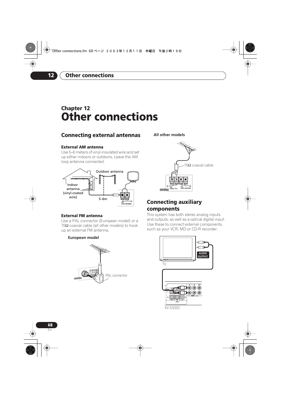 12 other connections, Connecting external antennas, Connecting auxiliary components | Other connections, Other connections 12, Chapter 12, External am antenna, External fm antenna | Pioneer DCS-222 User Manual | Page 68 / 91