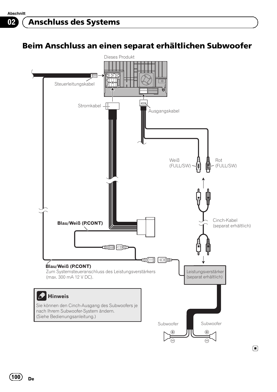 Beim anschluss an einen separat, Erhältlichen subwoofer, 02 anschluss des systems | Pioneer SPH-DA01 User Manual | Page 100 / 156