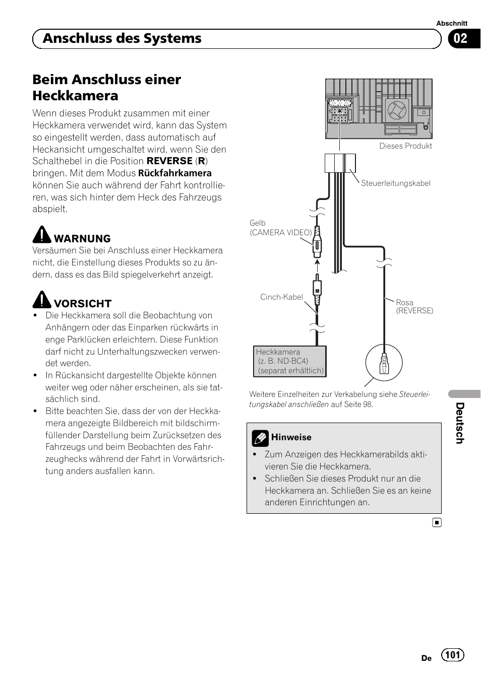 Beim anschluss einer heckkamera, 02 anschluss des systems | Pioneer SPH-DA01 User Manual | Page 101 / 156