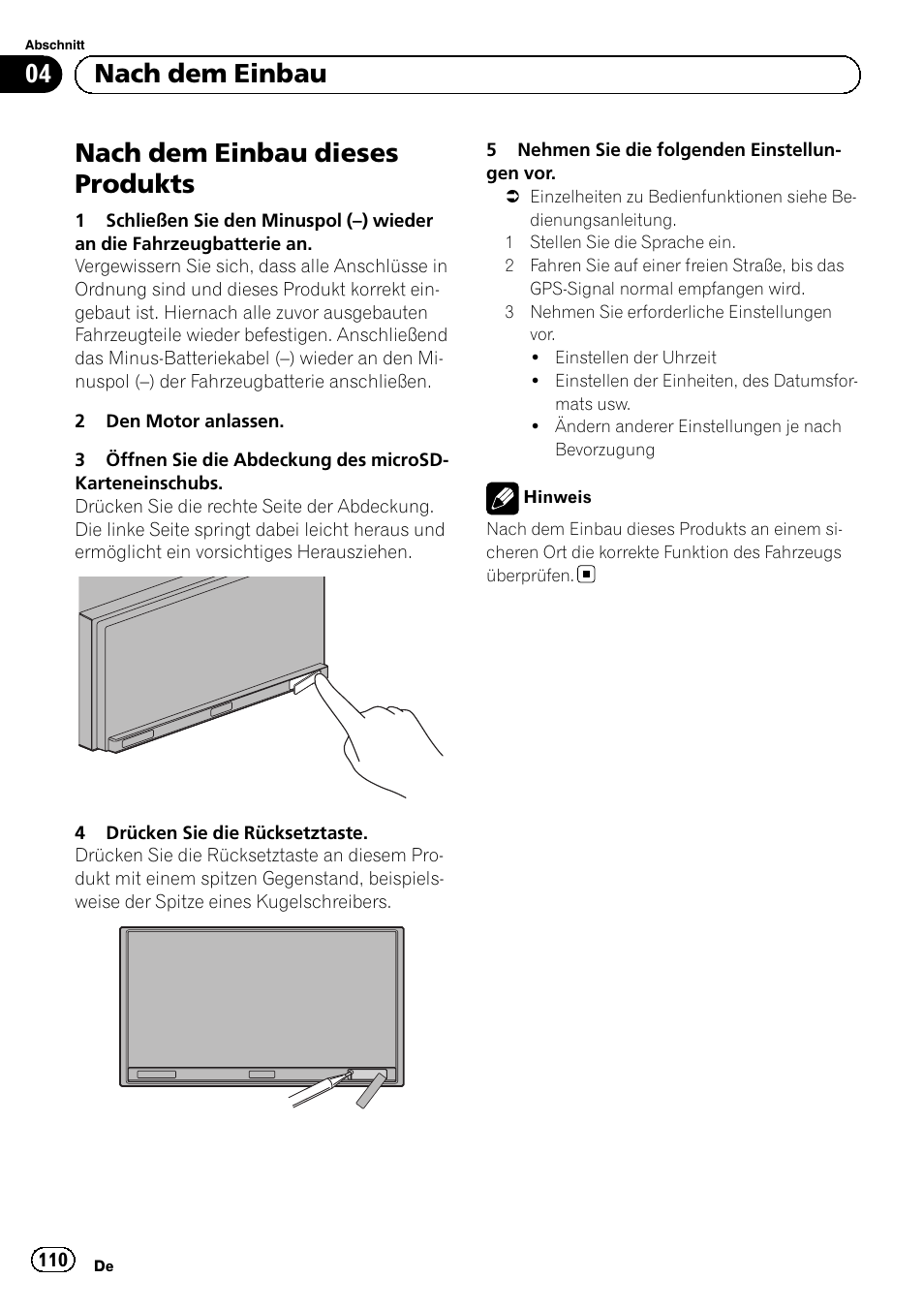 Nach dem einbau nach dem einbau dieses produkts, Nach dem einbau dieses produkts, 04 nach dem einbau | Pioneer SPH-DA01 User Manual | Page 110 / 156